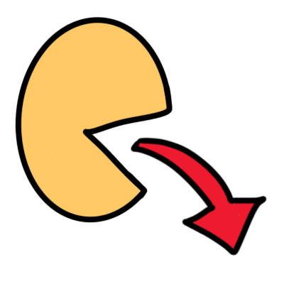 A yellow oval with a slice taken out of it. from this gap a red arrow points to the side and downwards.